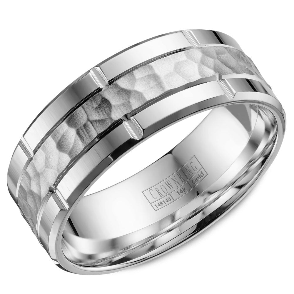 CrownRing 8MM Wedding Band with Hammered Finish and Line Detailing WB-040C8W