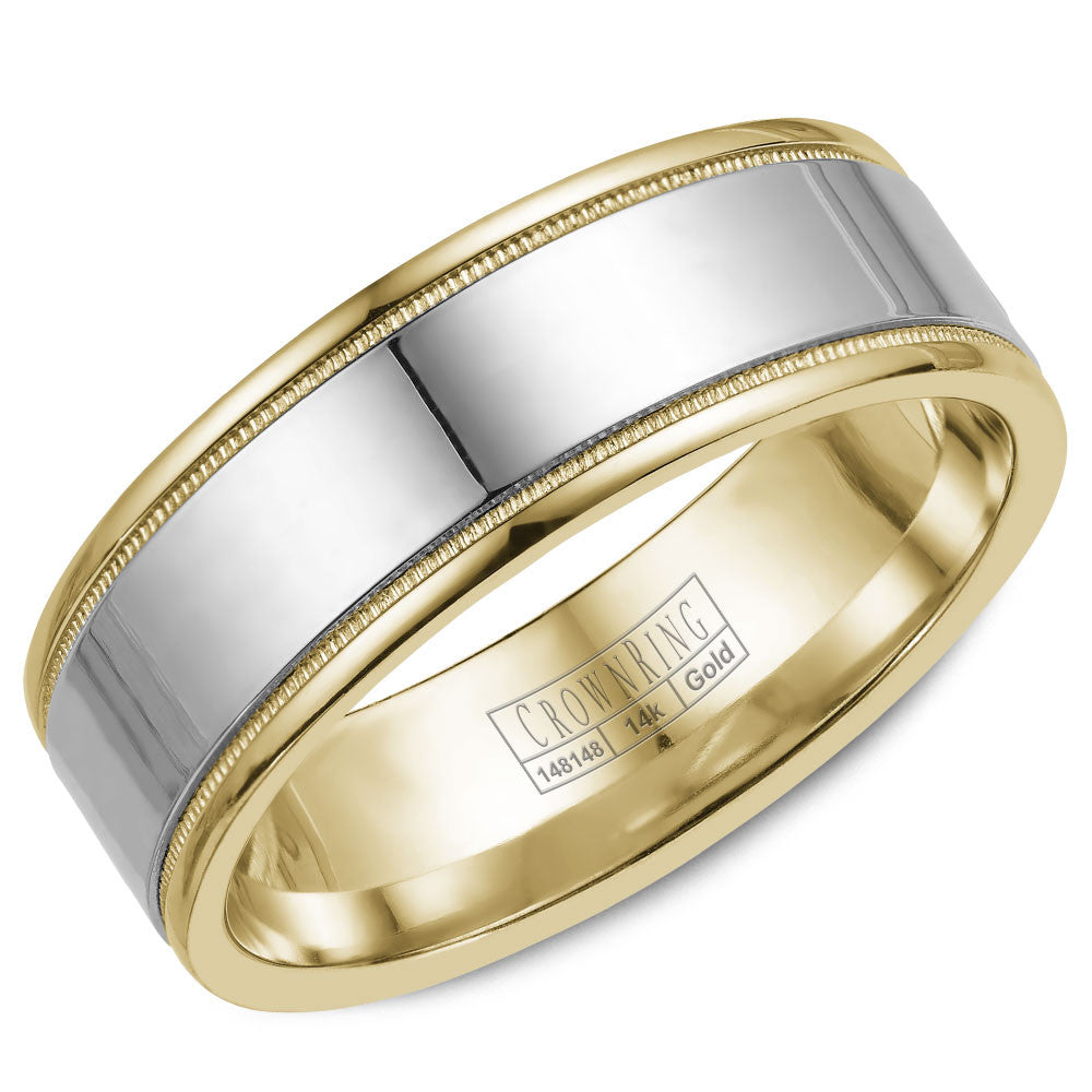 CrownRing 8MM Yellow Gold Wedding Band with White Gold Center and Milgrain Detailing WB-6811