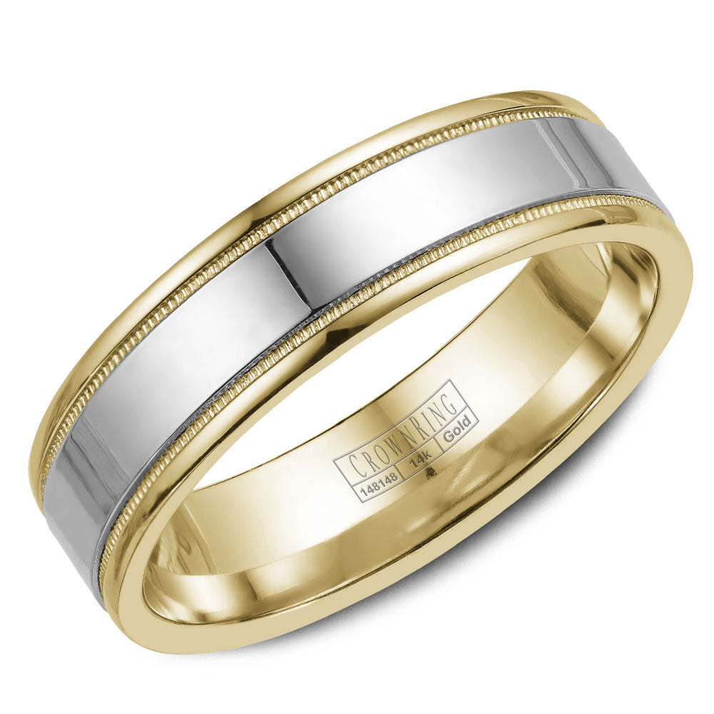 CrownRing 6MM Yellow Gold Wedding Band with White Gold Center and Milgrain Detailing WB-6912