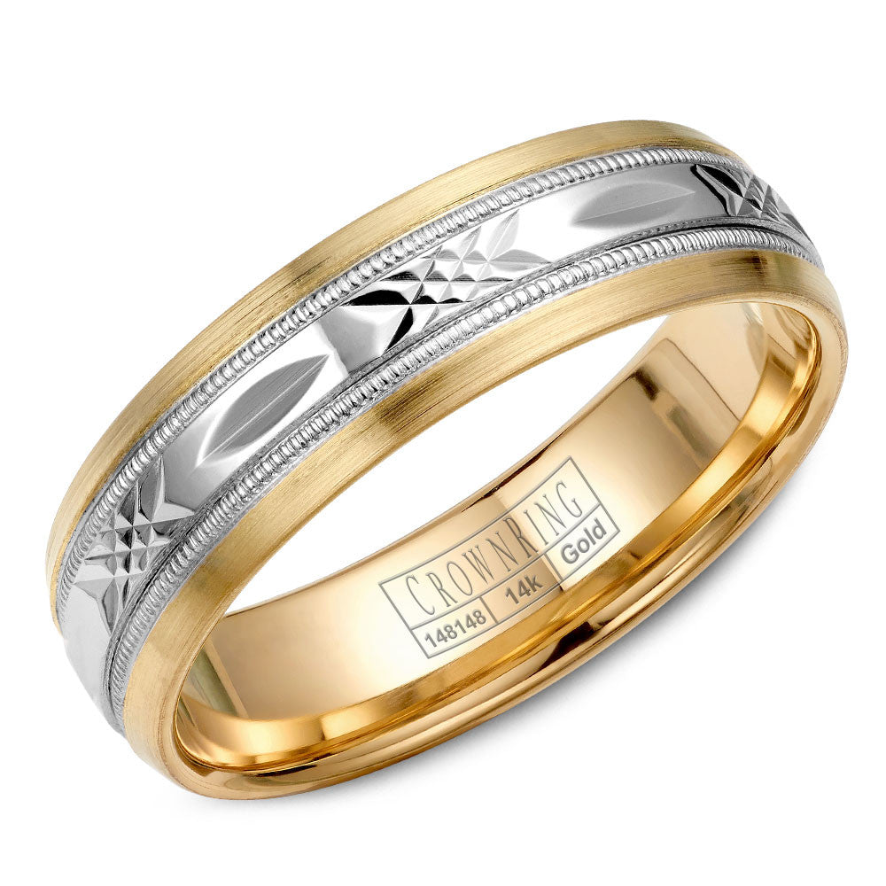 CrownRing 6MM Yellow Gold Wedding Band with White Gold Pattern Center WB-7000