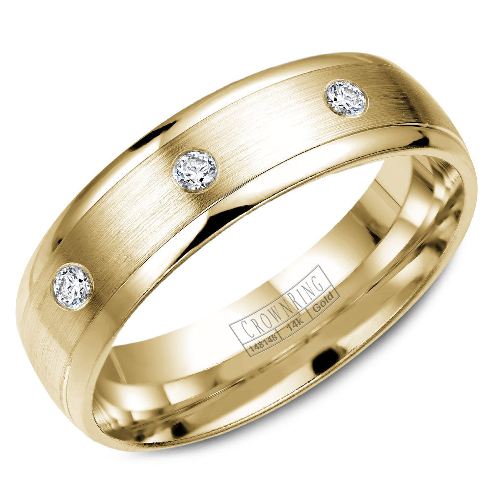 CrownRing 6MM Yellow Gold 8 Round Diamonds Wedding Band with Brushed Finish WB-7096Y
