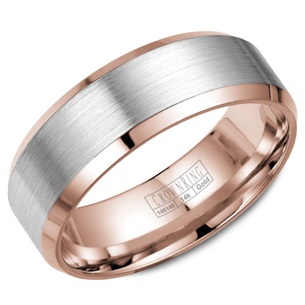 CrownRing 8MM Rose Gold Wedding Band with White Gold Sandpaper Finish WB-7131WR