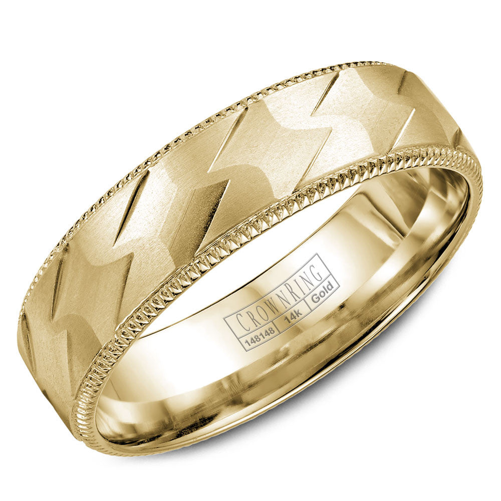 CrownRing 6MM Yellow Gold Wedding Band with Patterned Center and Milgrain Detailing WB-7913Y
