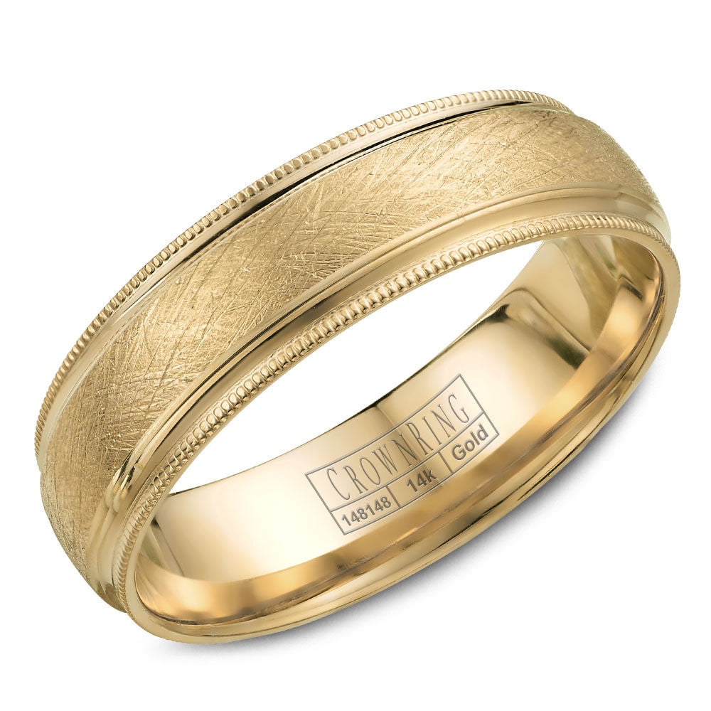 CrownRing 6MM Yellow Gold Wedding Band with Textured Finish and Milgrain Detailing WB-7915