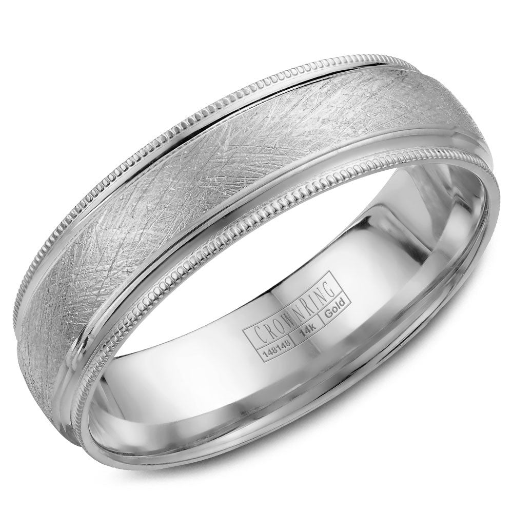 CrownRing 6MM Wedding Band with Textured Finish and Milgrain Detailing WB-7915W