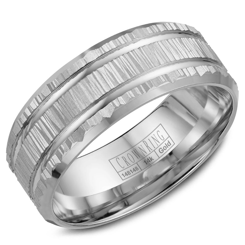 CrownRing 8MM Wedding Band with Bark Finish and Line Detailing WB-7921