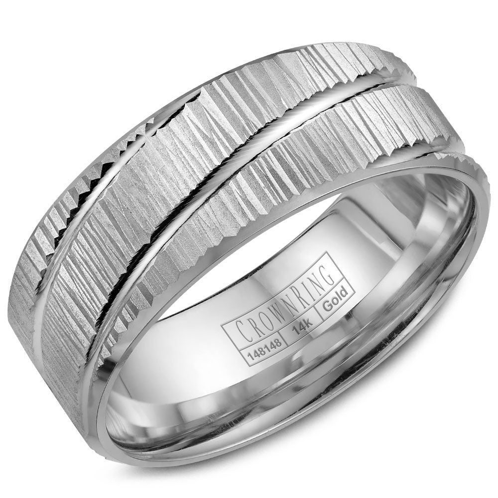 CrownRing 8MM Wedding Band with Bark Finish and Line Detailing WB-7922