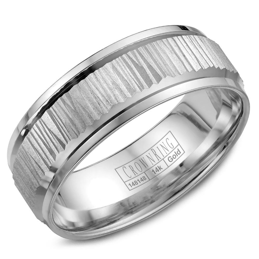 CrownRing 7.5MM Wedding Band with Bark Finish and Line Detailing WB-7923
