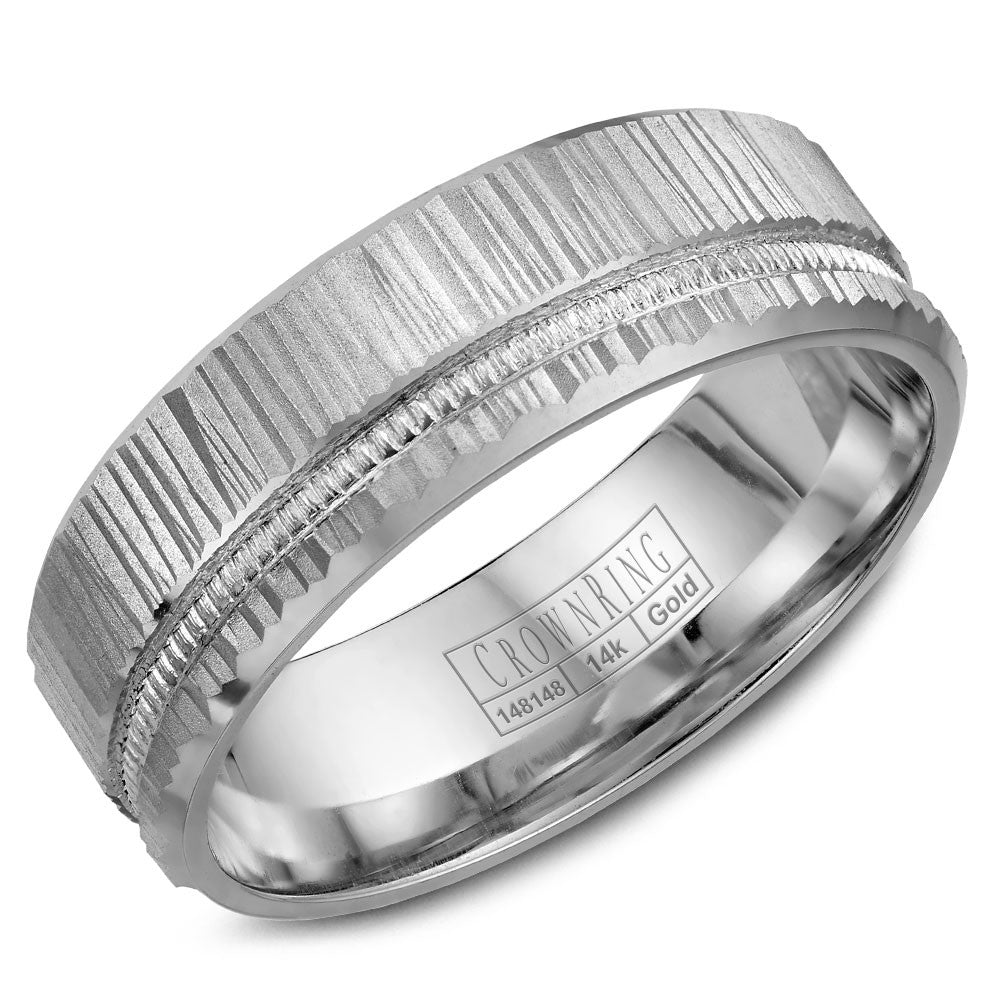 CrownRing 7MM Wedding Band with Bark Finish and Milgrain Detailing WB-7924