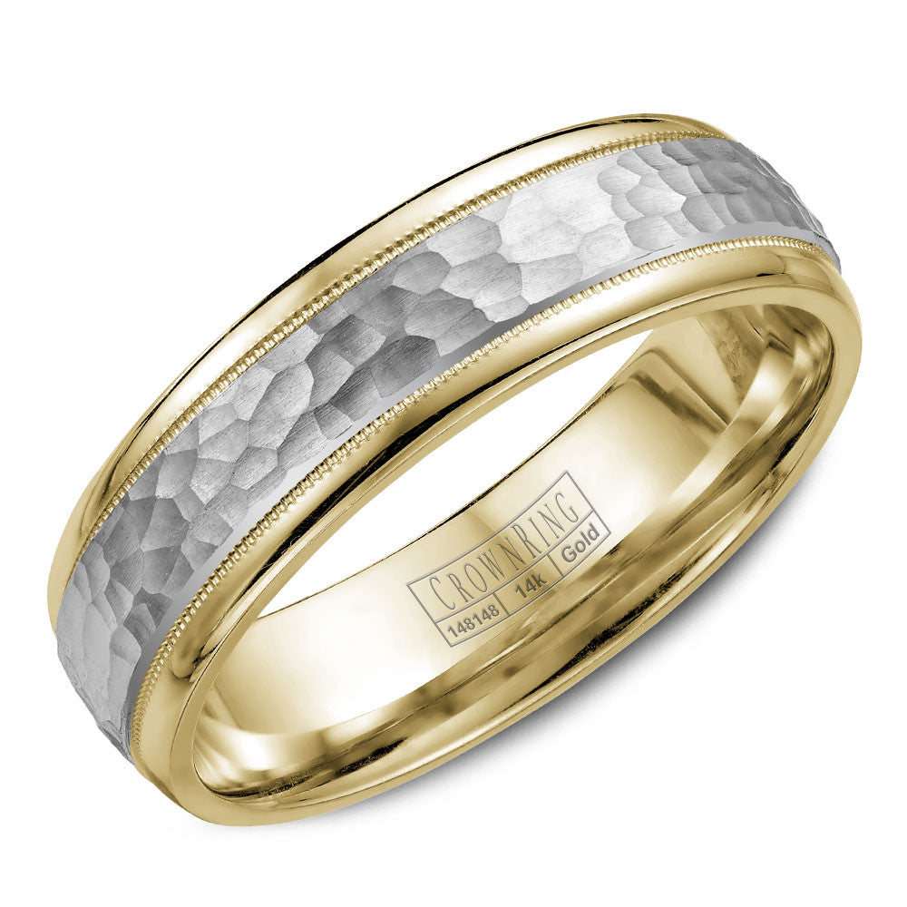CrownRing 6MM Yellow Gold Wedding Band with White Gold Hammered Center and Milgrain Detailing WB-7926