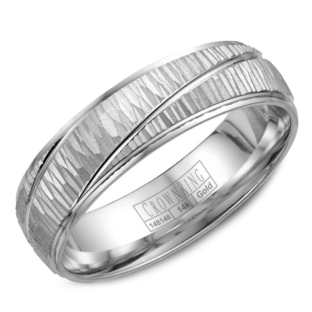 CrownRing 6MM Wedding Band with Carved Barked Center and Line Detailing WB-7936