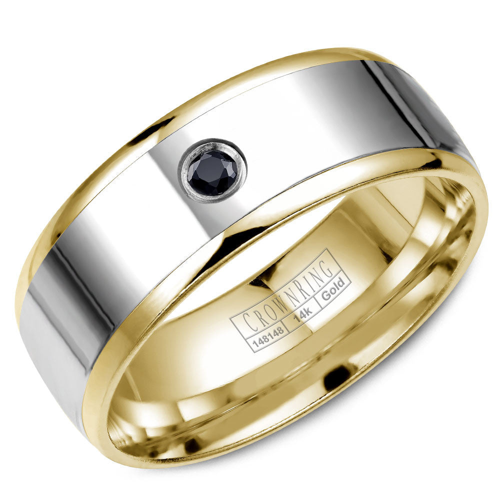 CrownRing 8MM Yellow Gold Black Diamond Wedding Band with White Gold Center &amp; Brushed Finish WB-7972