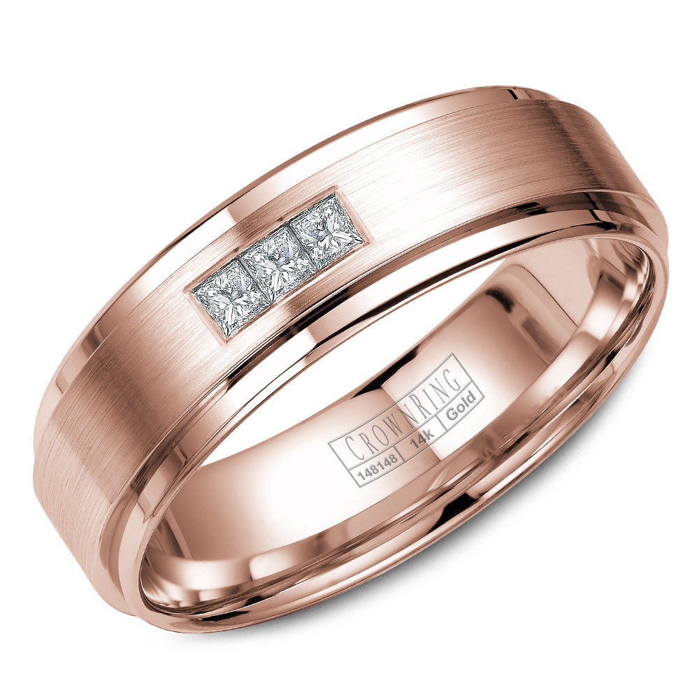CrownRing 6MM Rose Gold Wedding Band with 3 Round Diamonds and Brushed Center WB-7973