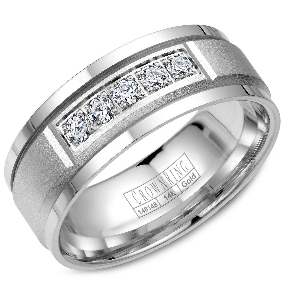 CrownRing 8MM 5 Round Diamond Wedding Band with Sandpaper Center &amp; Line Detailing WB-8038