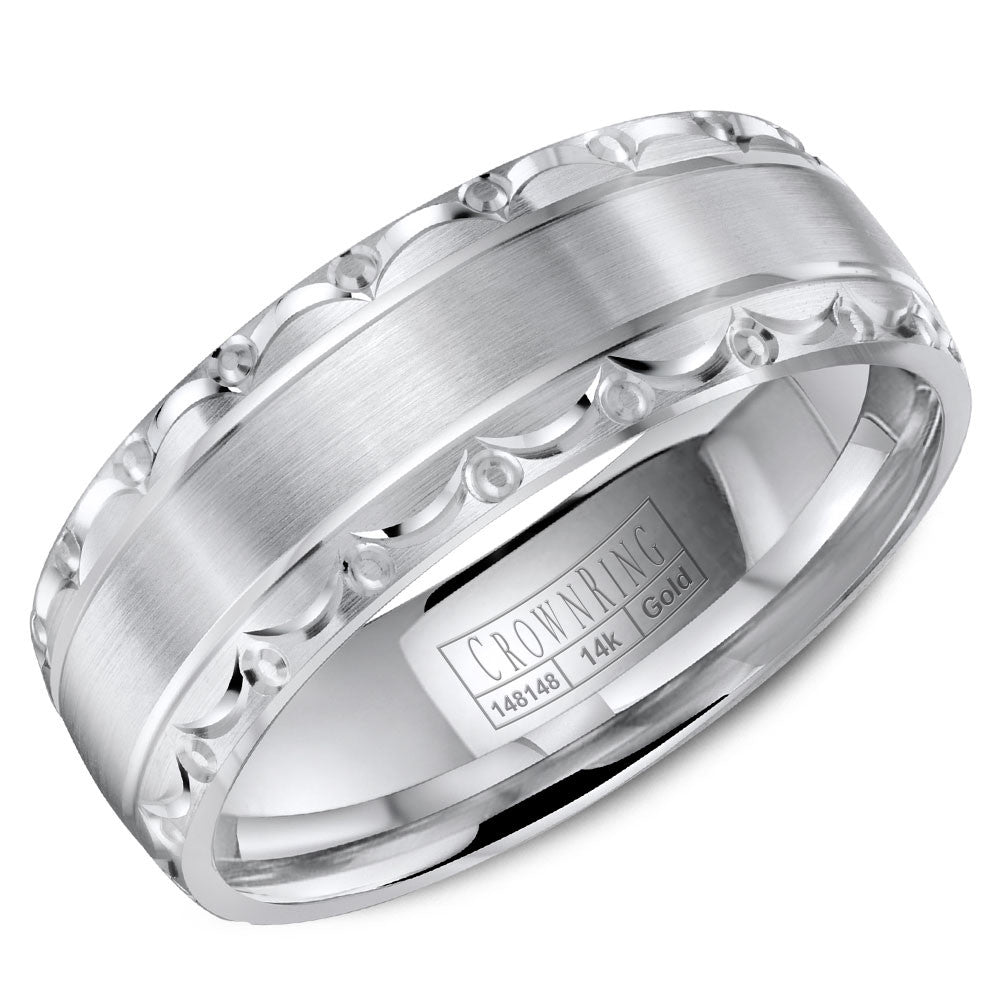 CrownRing 7MM Wedding Band with Brushed Center and Pattern Detailing WB-8057