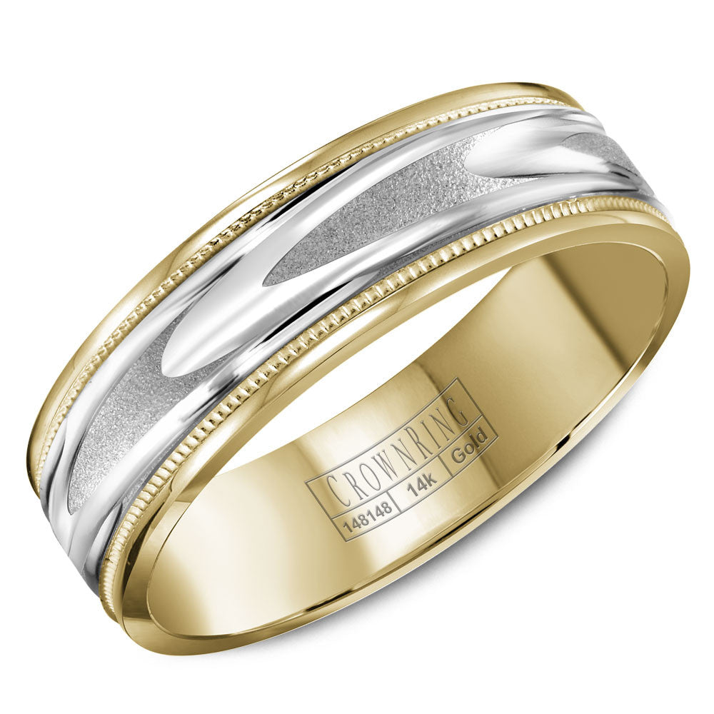 CrownRing 6MM Yellow Gold Wedding Band with Pattern White Gold Center and Milgrain Detailing WB-8067