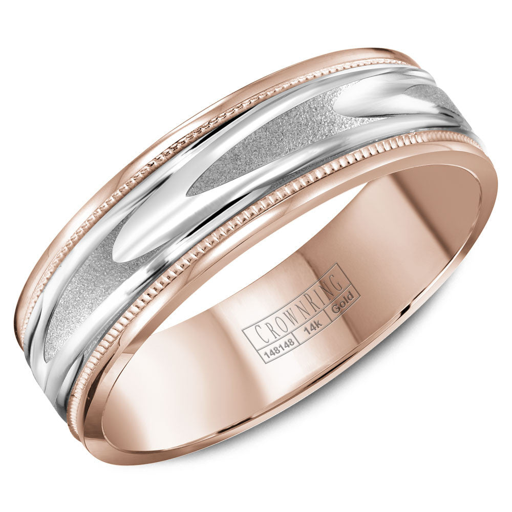 CrownRing 6MM Rose Gold Wedding Band with Patterned White Gold Center and Milgrain Detailing WB-8067WR