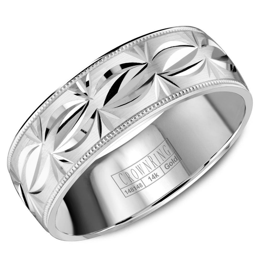CrownRing 7MM Wedding Band with Patterned Center and Milgrain Detailing WB-8084