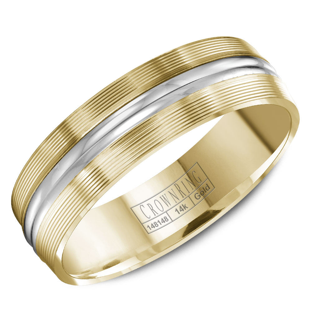 CrownRing 6MM Yellow Gold Wedding Band with White Gold Center and Carved Pattern Detailing WB-8087