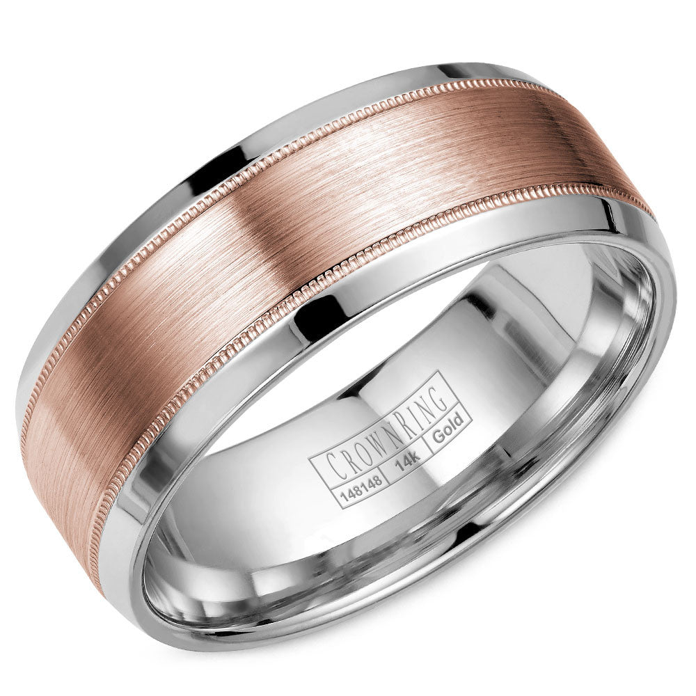 CrownRing 8MM White Gold Wedding Band with Rose Gold Brushed Center WB-8108RW