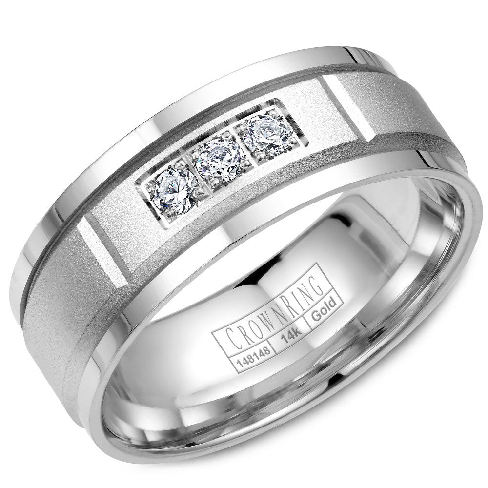 CrownRing 8MM 3 Round Diamond Wedding Band with Sandpaper Center &amp; Line Detailing WB-8200