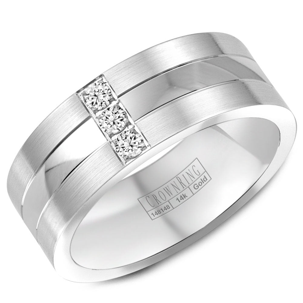 CrownRing 8MM 3 Round Diamond Wedding Band with Brushed Edges and Polished Center WB-8252