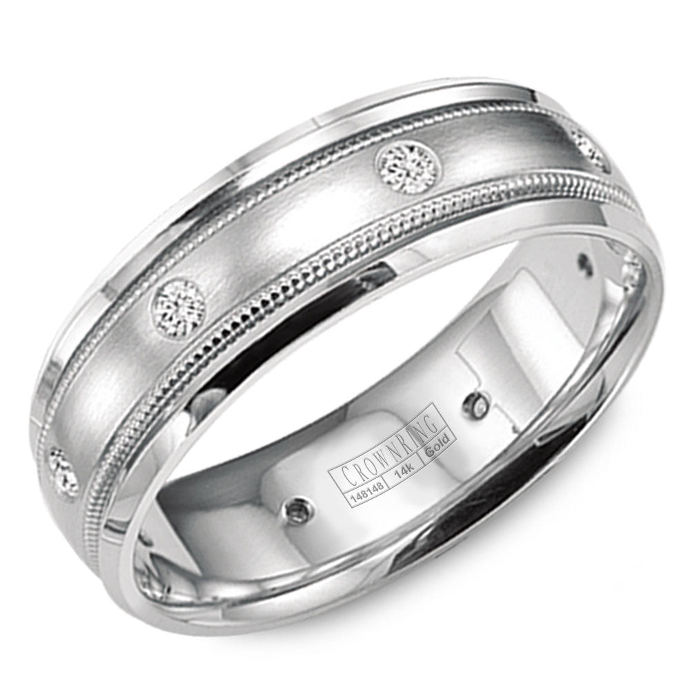 CrownRing 8MM 6 Round Diamond Wedding Band with Brushed Finish and Milgrain Detailing WB-9025