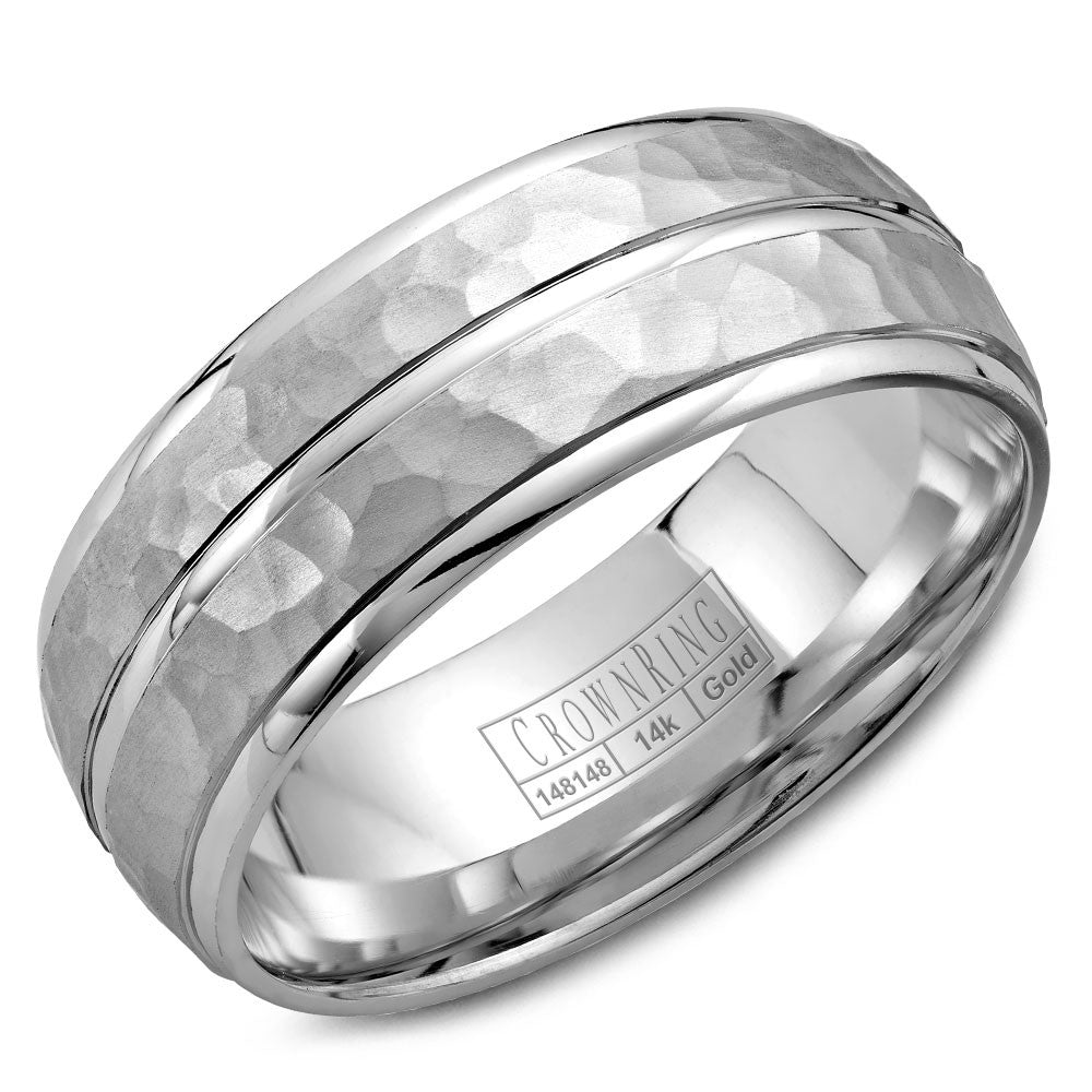 CrownRing 8MM Wedding Band with Hammered Center and Line Detailing WB-9051