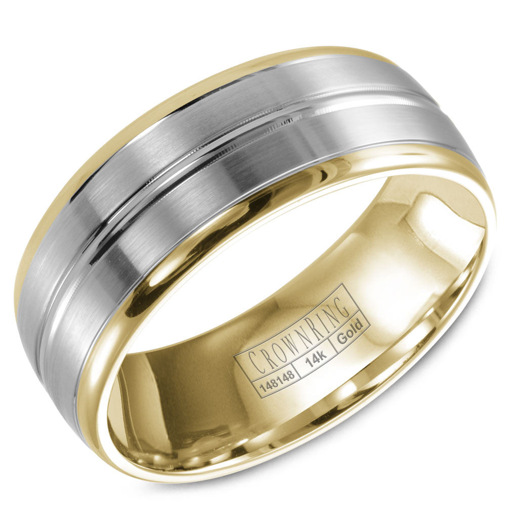 CrownRing 8MM Yellow Gold Wedding Band with White Gold Brushed Center WB-9093