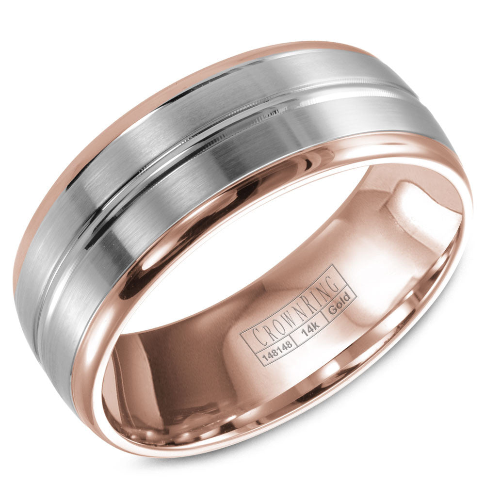 CrownRing 8MM Rose Gold Wedding Band with White Gold Brushed Center WB-9093WR