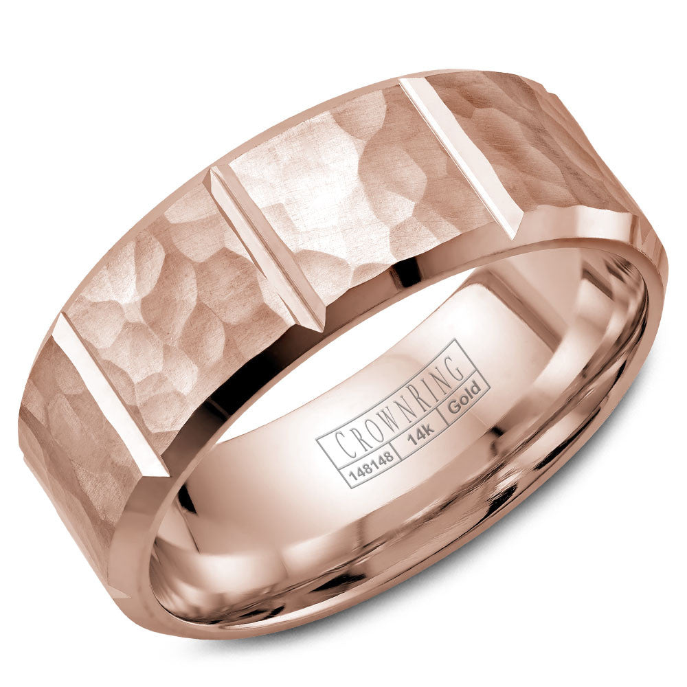 CrownRing 8MM Rose Gold Wedding Band with Hammered Finish and Notch Details WB-9097R