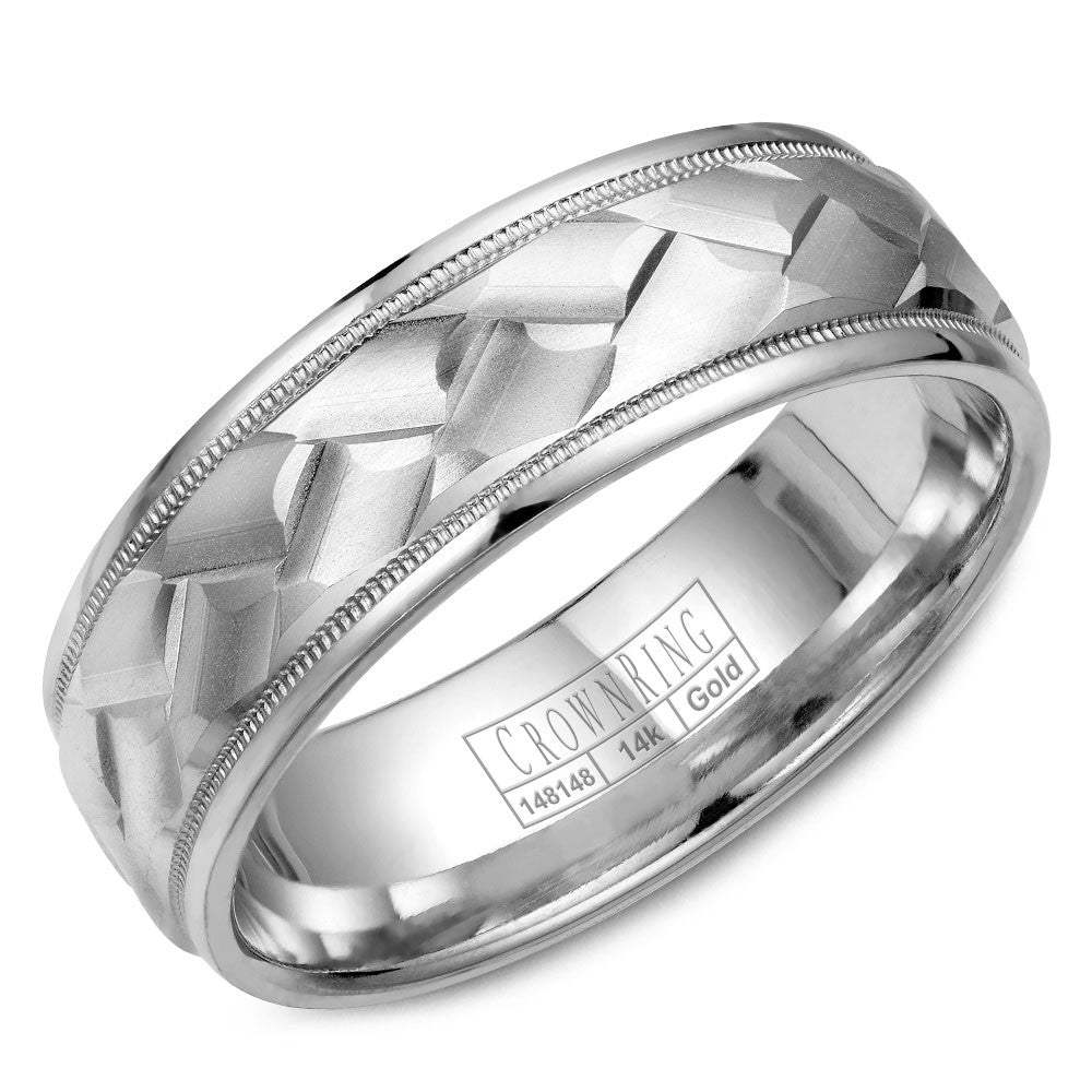 CrownRing 7MM Wedding Band with Carved Patterned Center and Milgrain Detailing WB-9098
