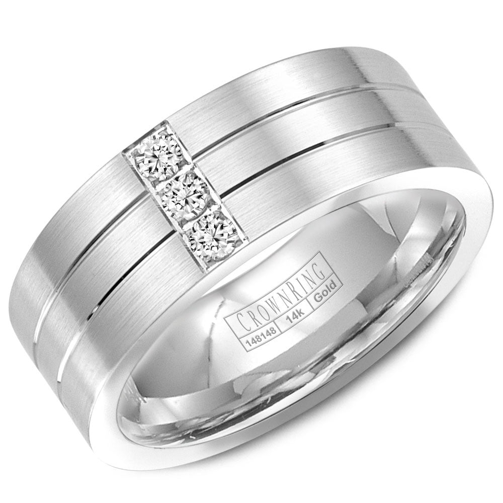 CrownRing 8MM 3 Round Diamond Wedding Band with Brushed Center and Line Detailing WB-9110