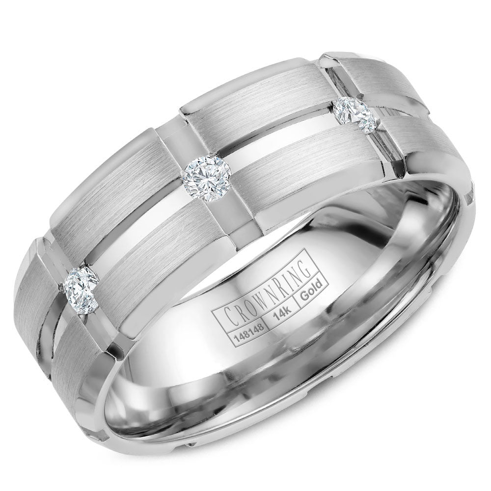 CrownRing 8MM 3 Round Diamond Wedding Band with Brushed Center and Line Detailing WB-9114