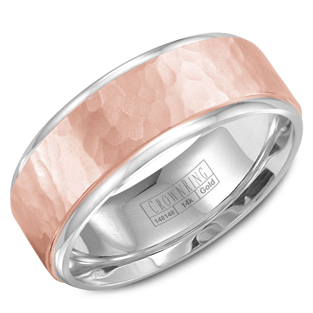CrownRing 8MM White Gold Wedding Band with Rose Gold Hammered Center WB-9300RW