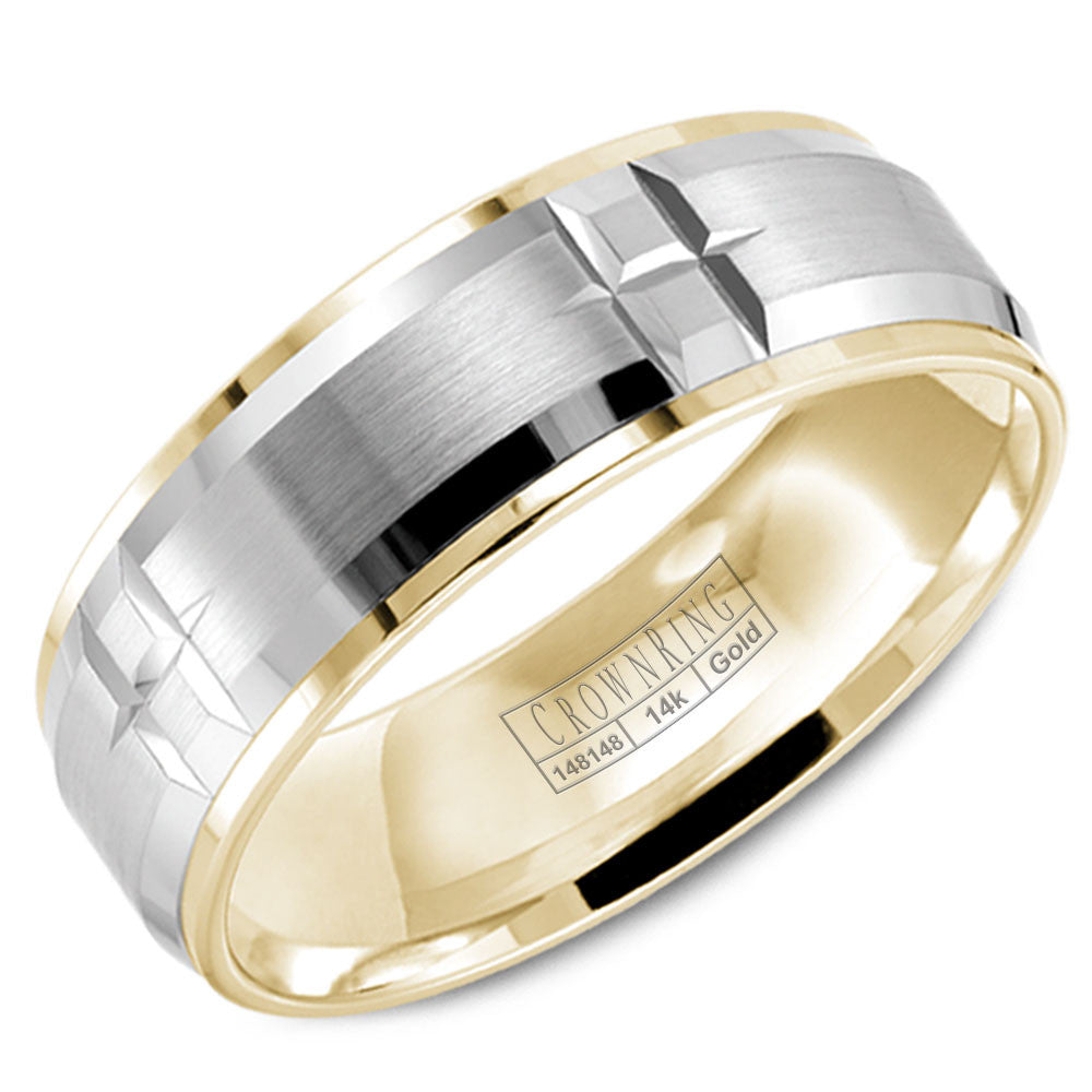 CrownRing 7MM Yellow Gold Wedding Band with White Gold Brushed Center and Notch Detailing WB-9404WY