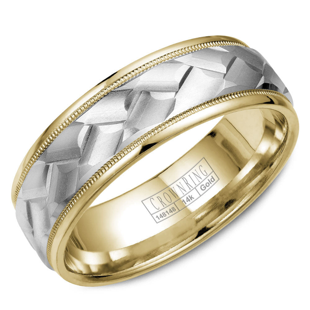 CrownRing 7MM Yellow Gold Wedding Band with Carved White Gold Center WB-9583