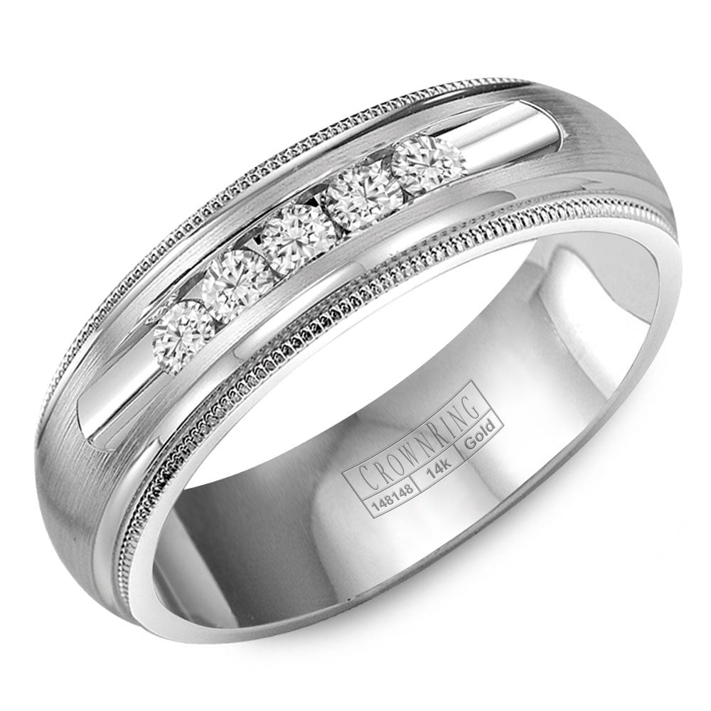 CrownRing 6.5MM Diamond Wedding Band with Brushed Center and Milgrain Detailing WB-9816