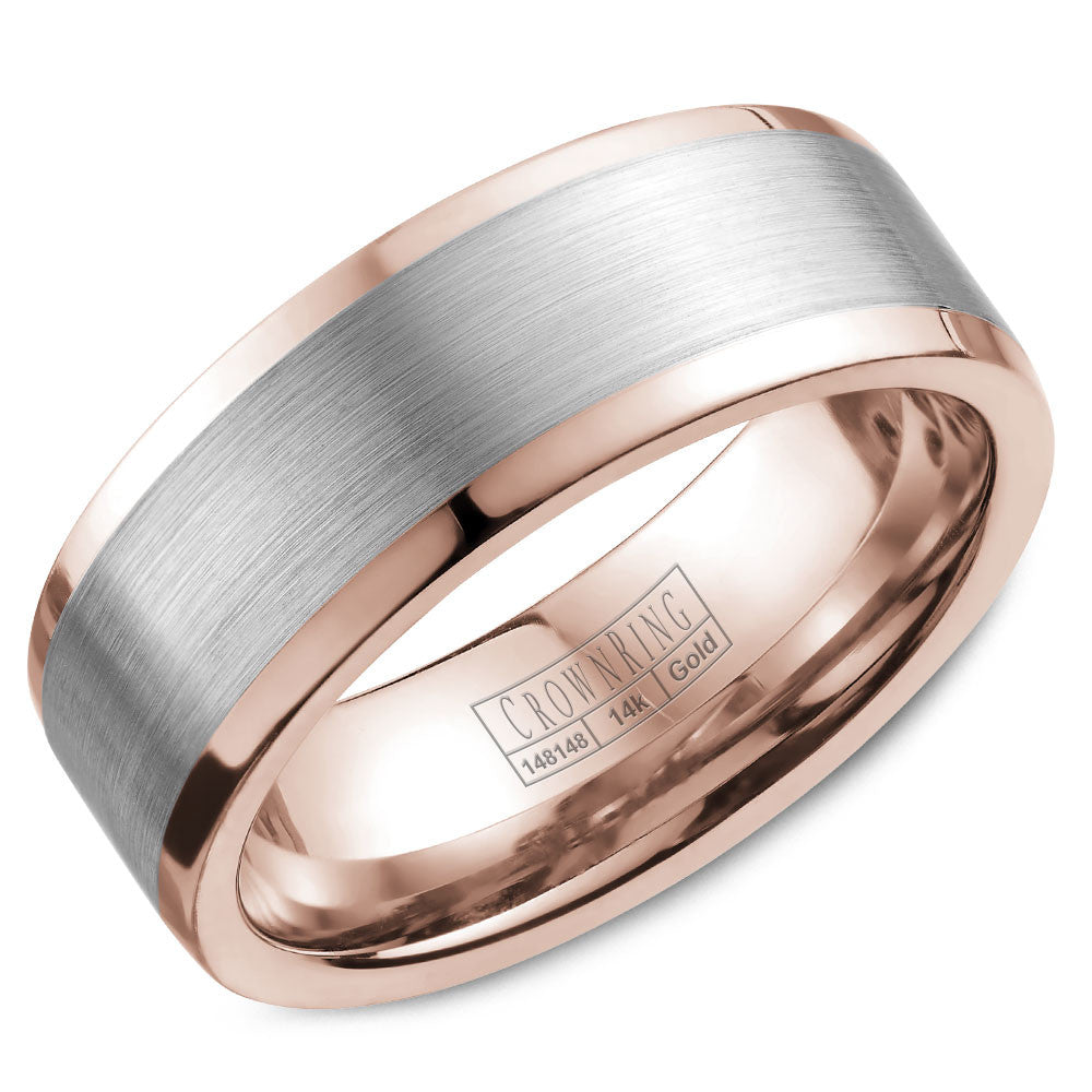 CrownRing 8MM Rose Gold Wedding Band with White Gold Brushed Center WB-9845WR