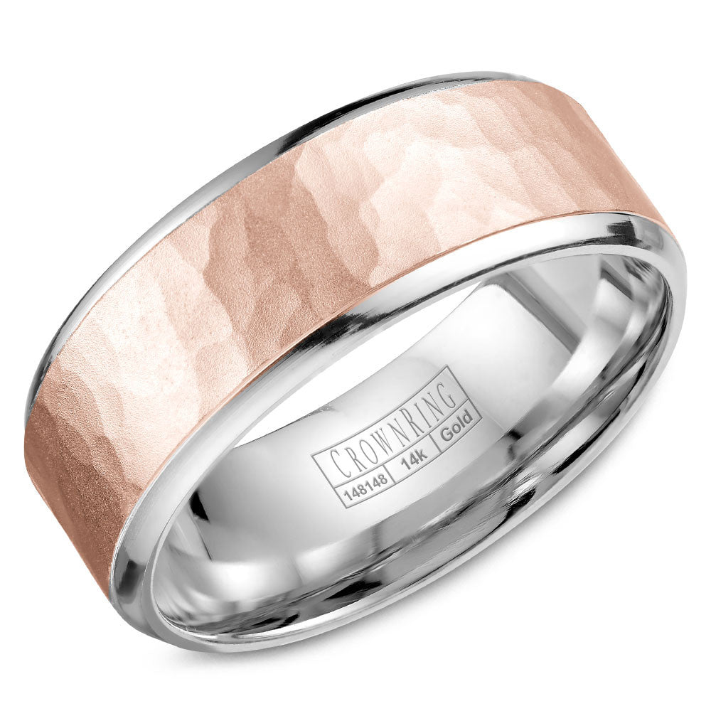 CrownRing 8MM White Gold Wedding Band with Hammered Rose Gold Center WB-9968RW