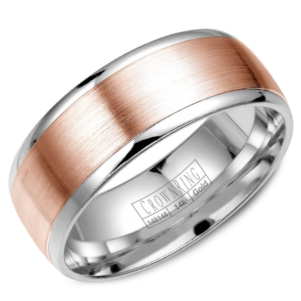 CrownRing 8MM White Gold Wedding Band with Rose Gold Brushed Center WB-RW7068