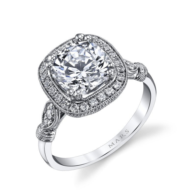 Mars Bridal Vintage Cushion Halo w/ Embellished Profile Diamond Engagement Ring 14664