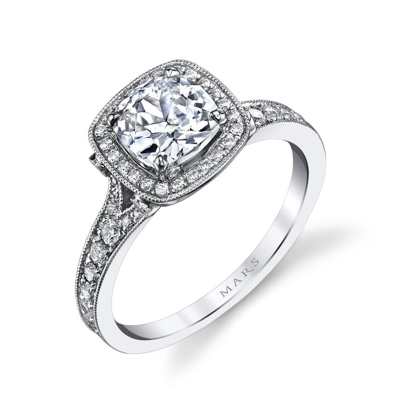 Mars Bridal Vintage Cushion Halo w/ Milgrain Detail &amp; Embellished Profile Diamond Engagement Ring 25530
