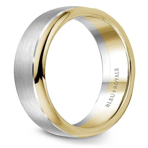 Bleu Royale 7.5MM White &amp; Yellow Gold Wedding Band with Brushed Center with Polished Edges RYL-006WY75