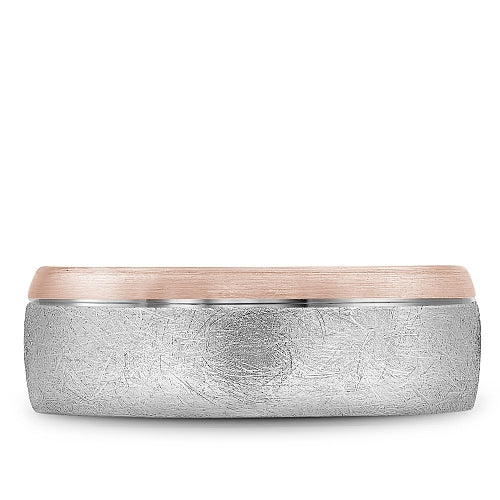 Bleu Royale 7.5MM White &amp; Rose Gold Wedding Band with Diamond Brushed Center and Polished Edges RYL-007WR75