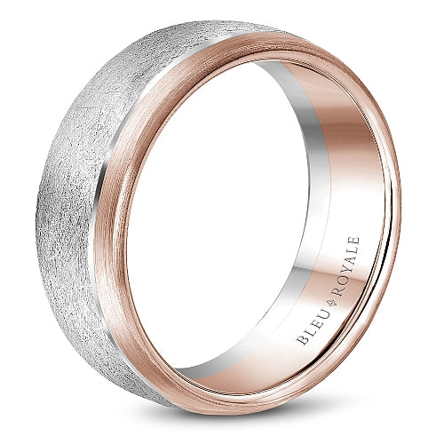 Bleu Royale 7.5MM White &amp; Rose Gold Wedding Band with Diamond Brushed Center and Polished Edges RYL-007WR75