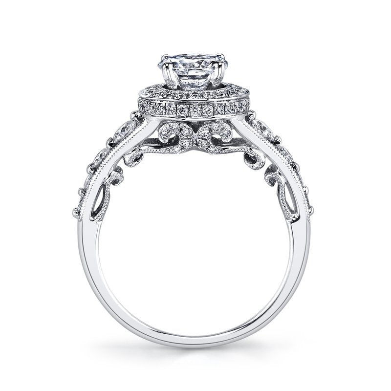 Mars Bridal Vintage Round Peek-A-Boo Halo w/ Scrollwork &amp; Milgrain Detailing Diamond Engagement Ring 25856