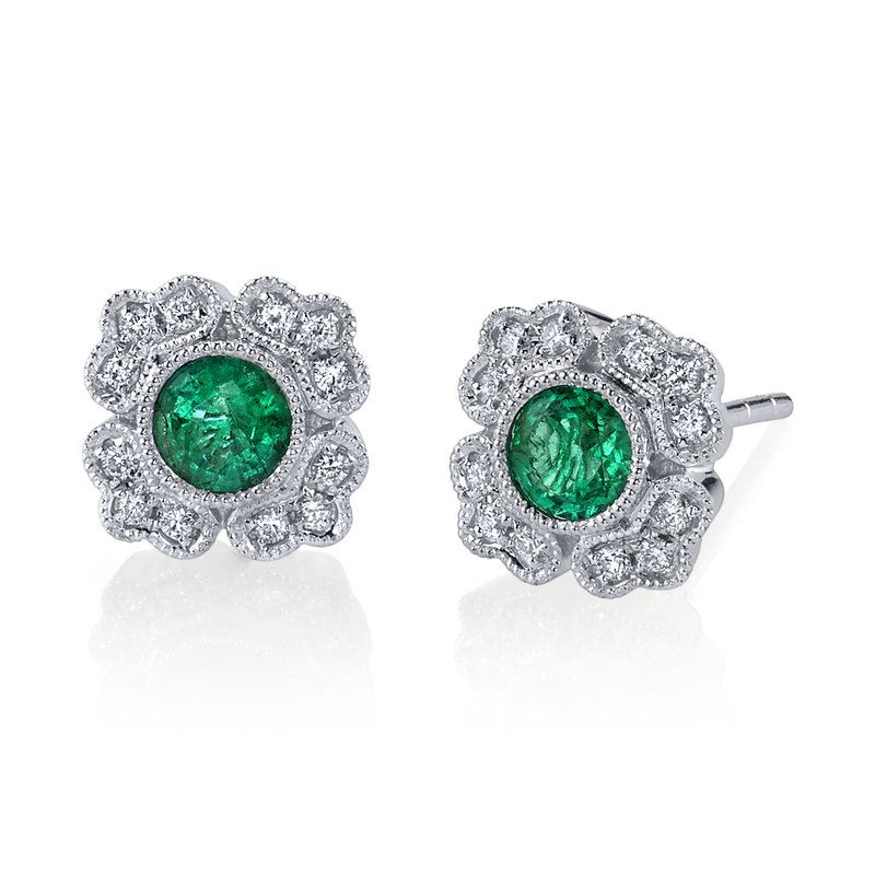 14K White Gold 0.45ct. Emerald &amp; 0.15ct. Diamond Antique Inspired Stud Earrings