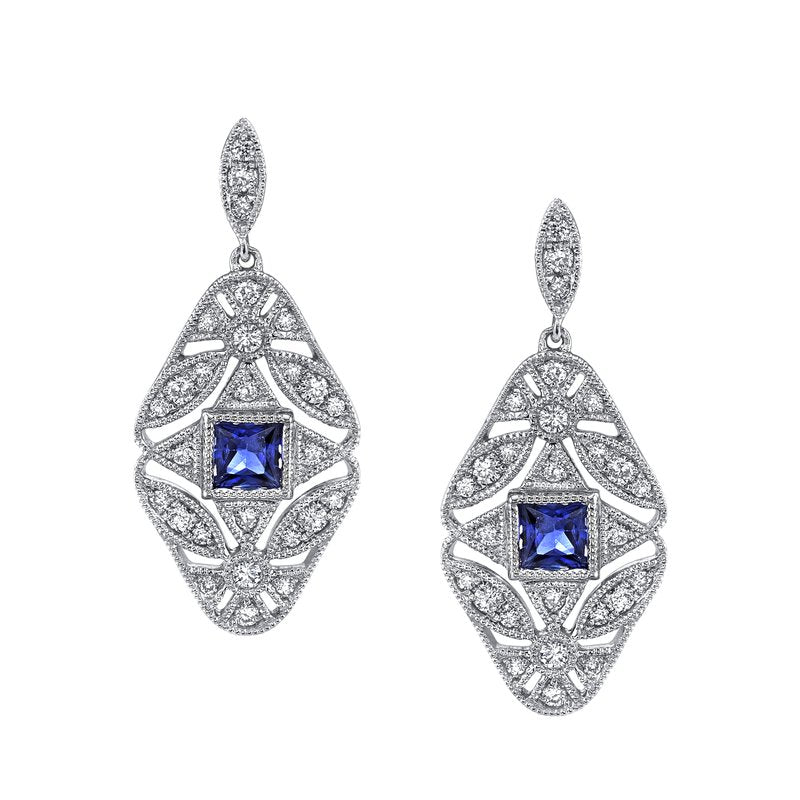 14K White Gold 0.42ct. Sapphire &amp; 0.25ct. Diamond Antique Inspired Drop Earrings