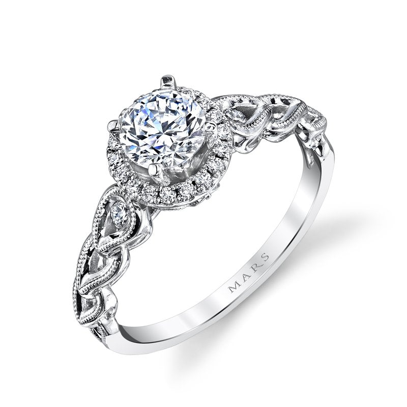 Mars Bridal Signature Round Halo w/ Braided Interwoven Shank &amp; Profile Accents Diamond Engagement Ring 25855